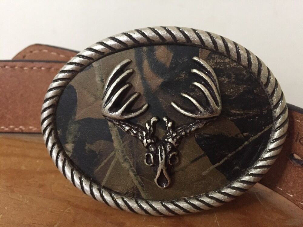 Nocona Belt Company Modern Camo & Brown Leather Metal Deer Skull Belt Kids Sz 18